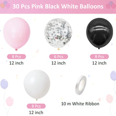 Bealif Pink Black Balloons, 30 Pcs 12 Inch Latex Balloons with Silver Confetti Balloons Pink and Black Theme Party Decorations for Birthday Party Wedding Anniversary Festival Carnival Baby Shower