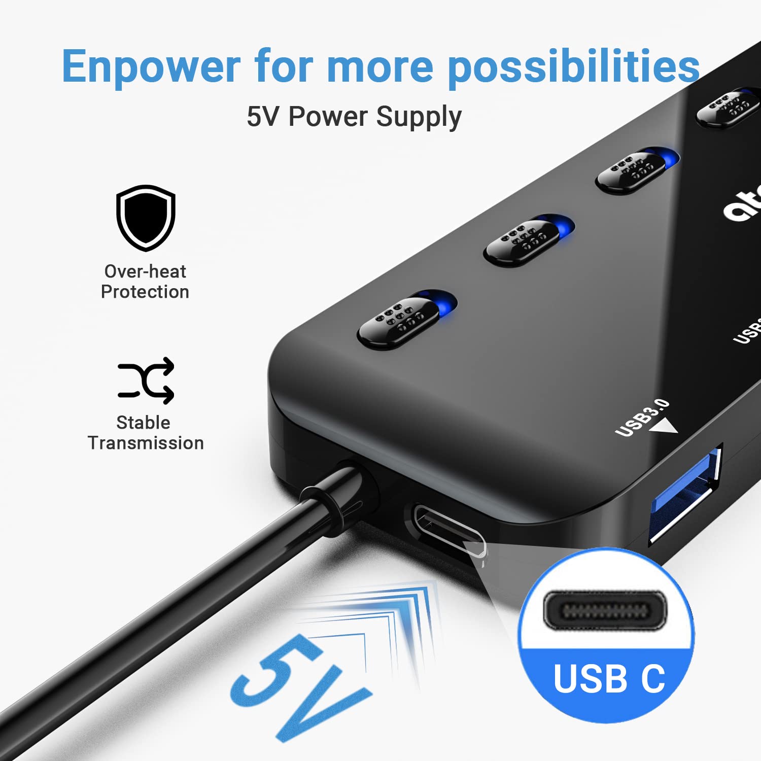 USB HUB, atolla 7-Port USB 3.0 Hub Slim USB Splitter with 3.82Ft Extended Cable and Individual LED Power Switches, Multi USB Port Extension Data Hub for PC, Laptop, MacBook, etc.