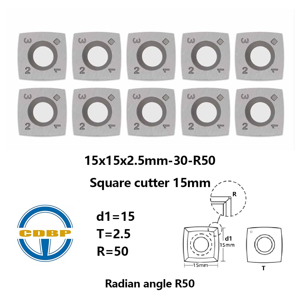 CDBP 15mm Square with 2 inchesRadius Carbide Inserts Cutters 15×15×2.5mm-R50 Replacement for Woodworking Fits SpiralHelical Planer Cutter Head Lathe Turning Tools, 10pcs