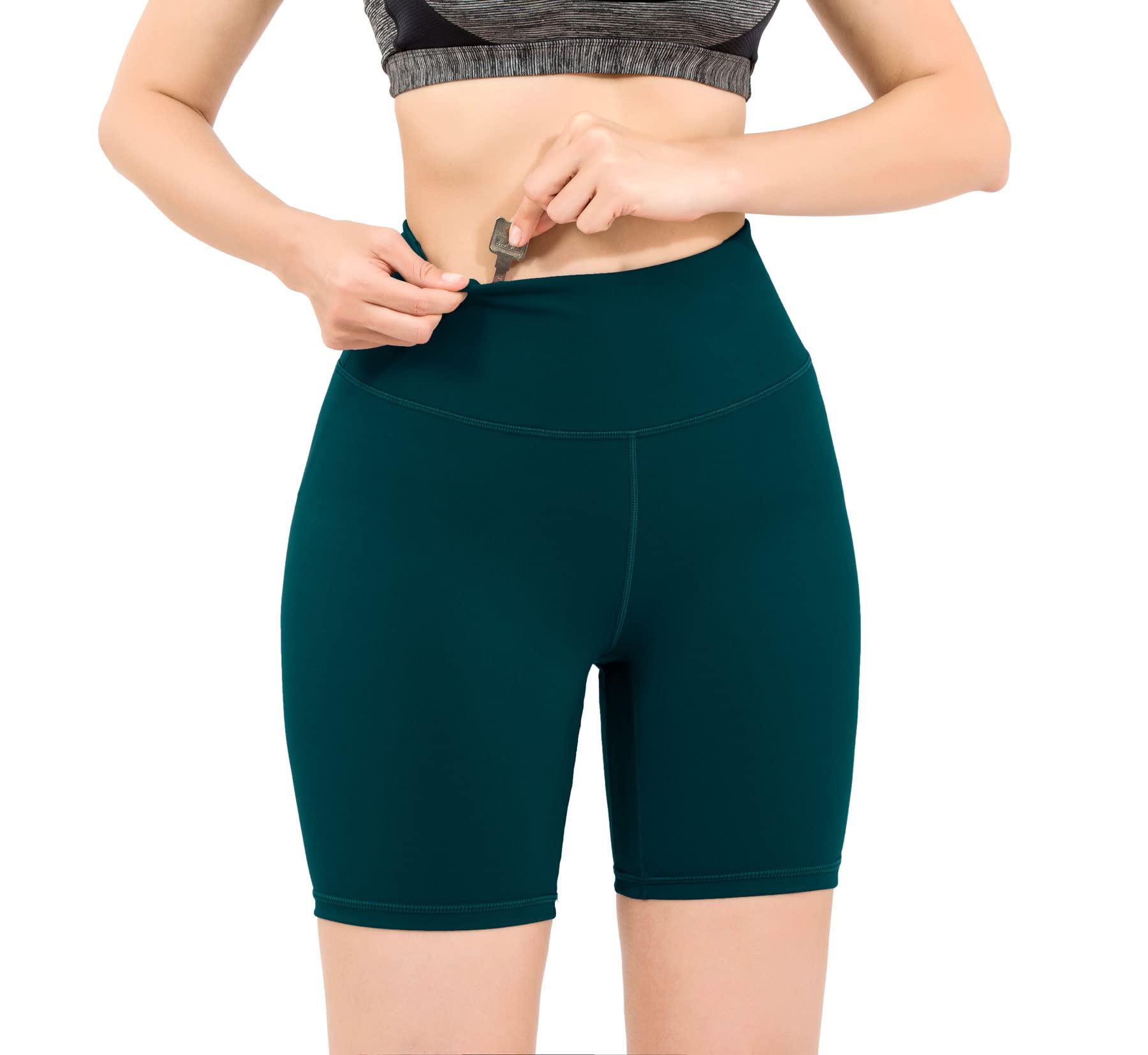 OVRUNS Women's Cycling Shorts High Waist Gym Shorts for Running Workout Sports Yoga with Pockets - Dark Green - XL