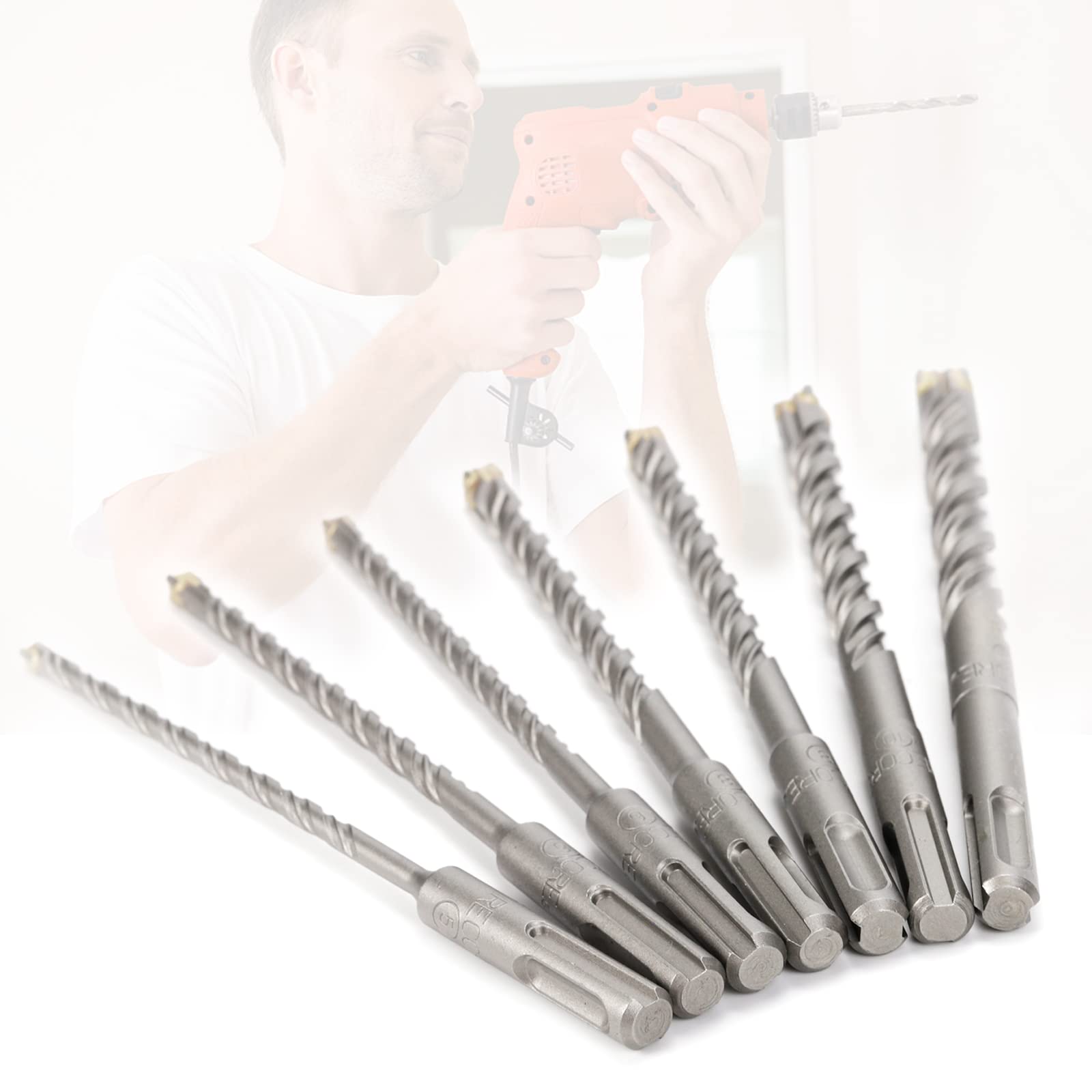 SDS Drill Bit Set, Firecore SDS Plus Concrete Drill Set 7 Pieces(5mm,6mm×2,8mm×2,10mm,12mm-Concrete Drill Bit 160mm, SDS Masonry Drill Bit for SDS Plus Hammer Drill, Carbide Drill Bit for Concrete