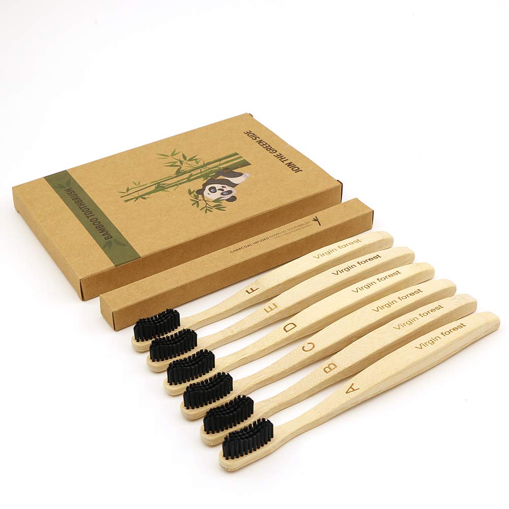 Bamboo Toothbrushes, Eco Toothbrush, Biodegradable Toothbrush, Wooden Toothbrush, Wavy Bristles and Large Handle, Plastic Free Packaging(6 Pack)