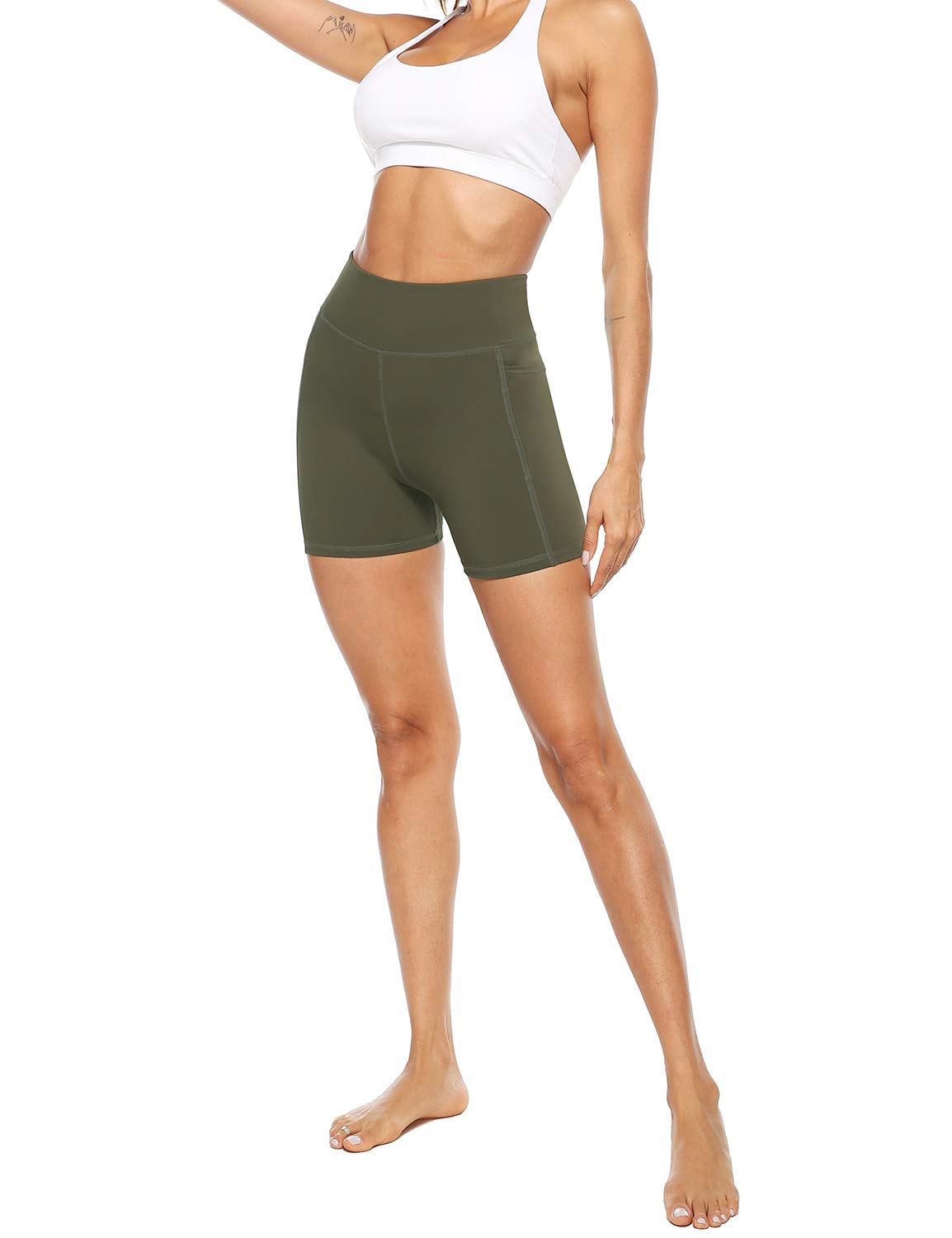 JOYSPELS Women's High Waisted Yoga Shorts - Workout Running Sports Yoga Cycling Shorts for Womens with Pockets - ArmyGreen - M