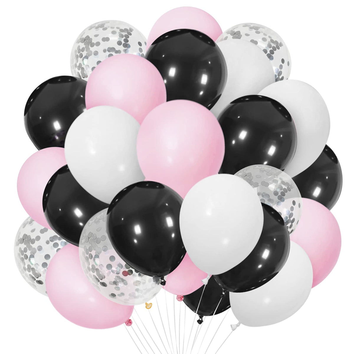 Bealif Pink Black Balloons, 30 Pcs 12 Inch Latex Balloons with Silver Confetti Balloons Pink and Black Theme Party Decorations for Birthday Party Wedding Anniversary Festival Carnival Baby Shower