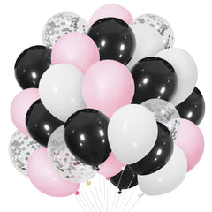 Bealif Pink Black Balloons, 30 Pcs 12 Inch Latex Balloons with Silver Confetti Balloons Pink and Black Theme Party Decorations for Birthday Party Wedding Anniversary Festival Carnival Baby Shower