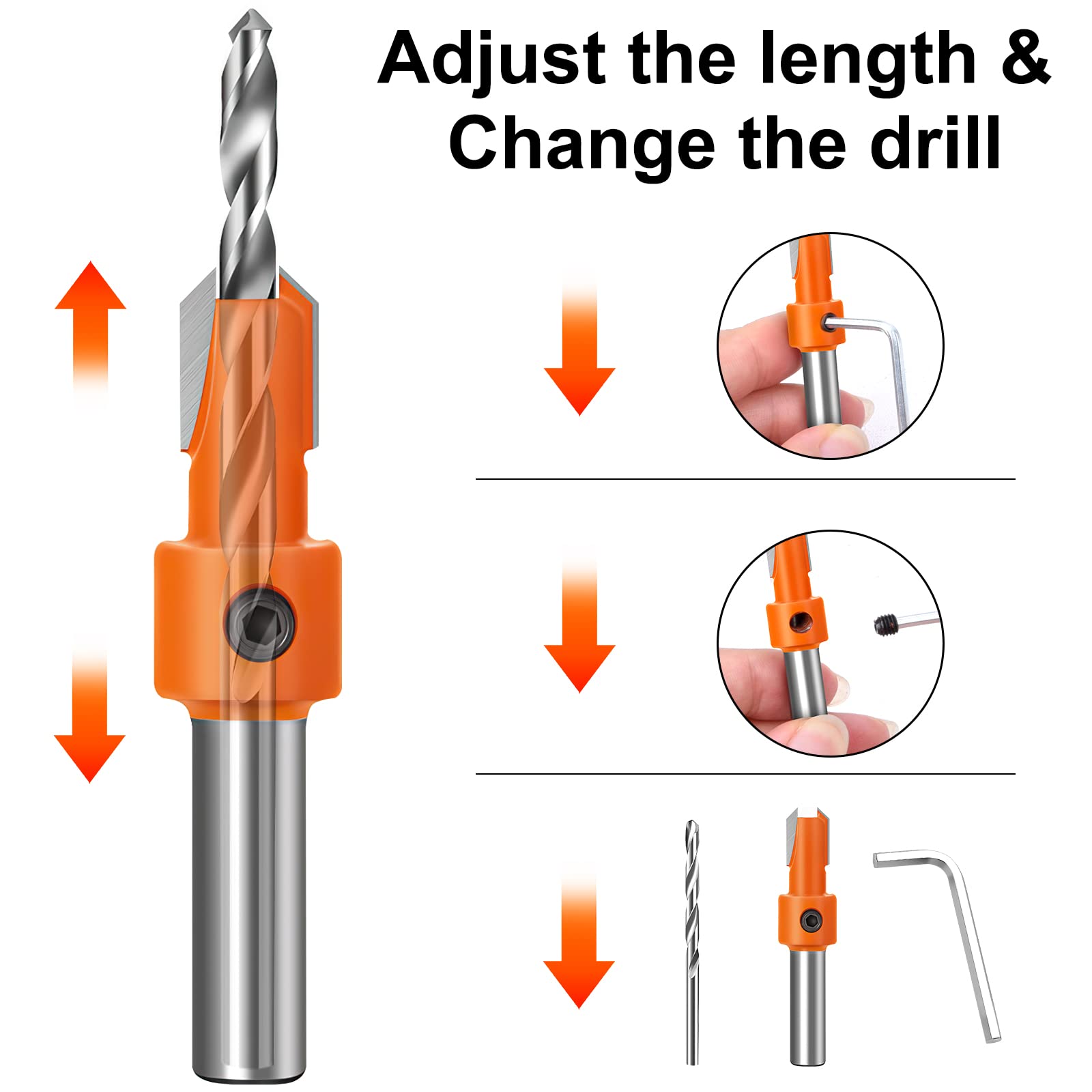 Countersink Drill Bit, Lytool 5Pcs Quick Change 8mm Adjustable Countersink Drill Bit Set, Include 5Pcs Free Replaceable Drill Bits, for Woodworking Countersink Drill Bits