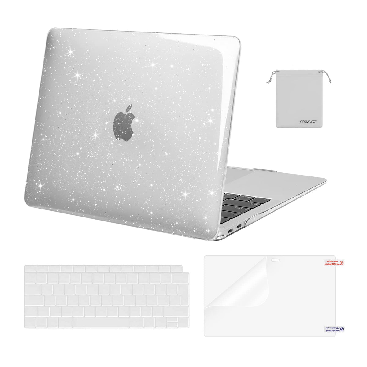 MOSISO Compatible with MacBook Air 13 inch Case 2022 2021 2020 2019 2018 A2337 M1 A2179 A1932 Retina Display, Sparkly Glitter Plastic Hard Shell&Keyboard Cover&Screen Protector&Storage Bag,Transparent