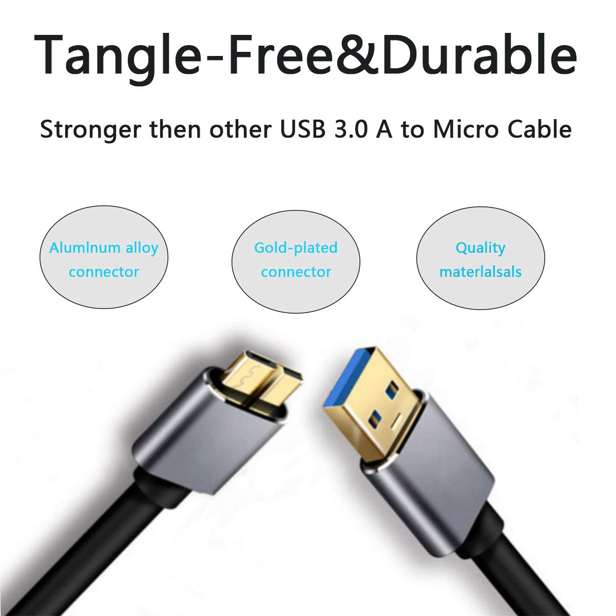 TanQY USB 3.0 Micro Cable 2M, Super Speed USB 3.0 A Male to Micro B External Hard Drive Cable Cord with Gold-Plated Connectors for Galaxy S5, Note 3, Camera and More (2M/6Ft, Grey)