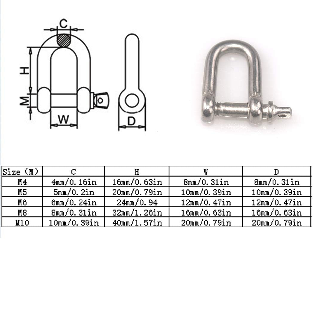 Pack-of-10 M4 D Ring Shackle Locks 304 Stainless Steel for Heavy Duty Rigging, Hauling, Steel Chain Link