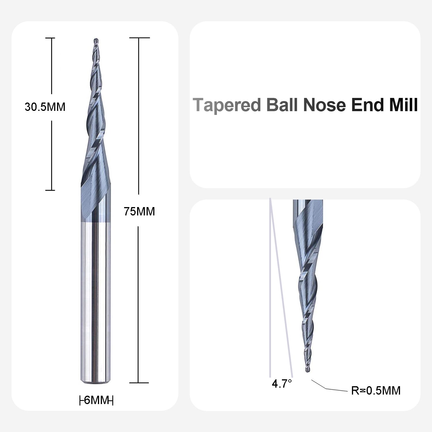 SpeTool Tapered Ball Nose End Mill 0.5 Radius 6mm Shank CNC Router Bits Solid Carbide Engraving Tool TiAlN Coated 4.7Deg Spiral Milling Cutter for 2D and 3D Woodworking Engraving Carving