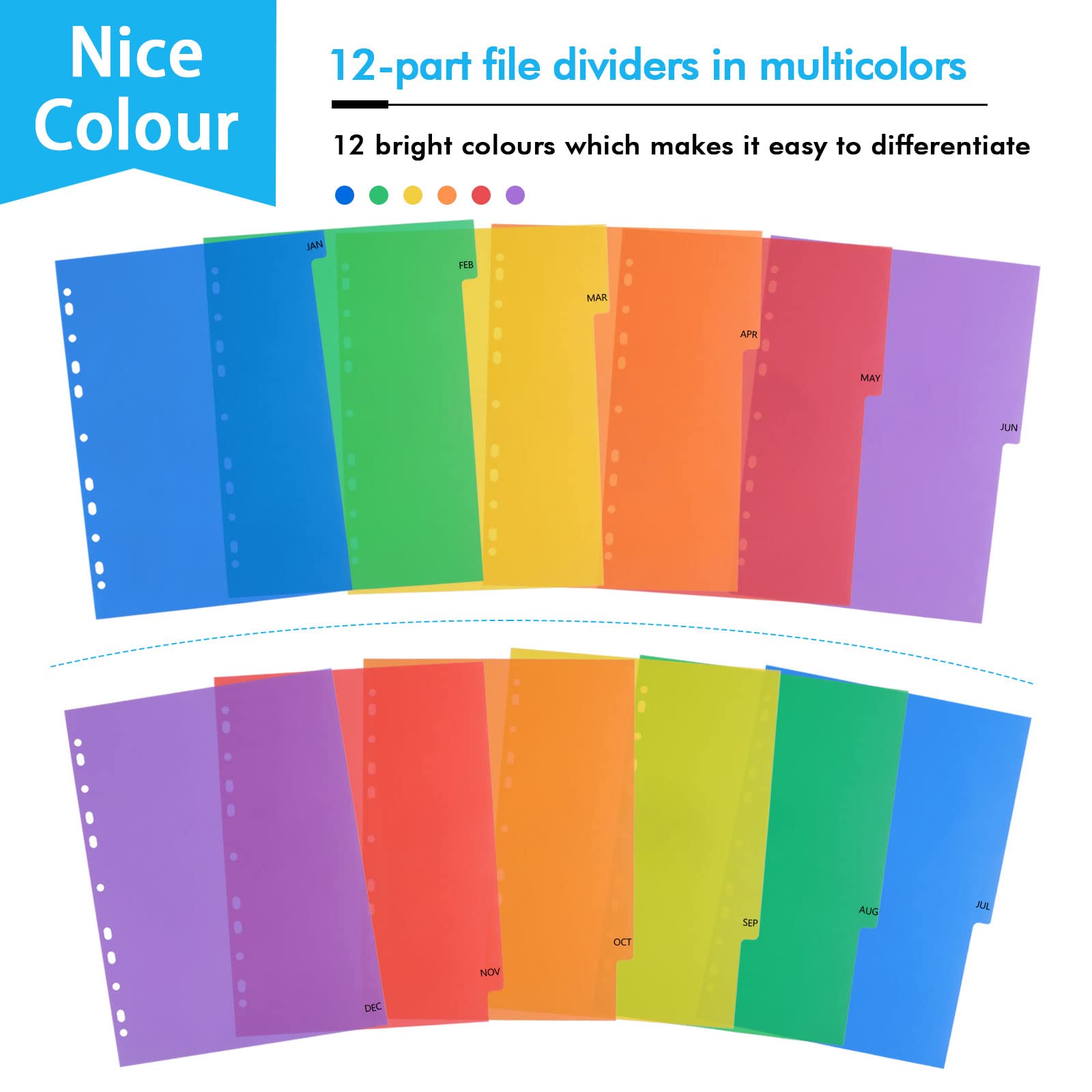 File Dividers A4, 12 Part Folder Dividers, 3 Pack Extra Wide Pre-Punched Leverl Arch Folder in Assorted Colours, Plastic Binder Dividers (Months Tabs)