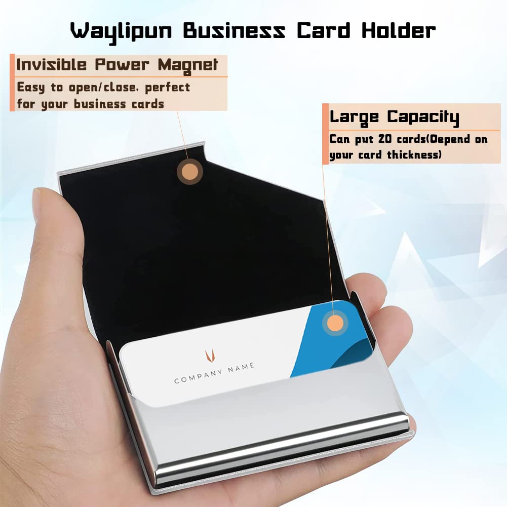 Waylipun Business Card Holder, Professional PU Leather & Stainless Steel Business Name Card Case, Keep Business Cards in Immaculate Condition, Slim Metal Pocket Card Holder with Magnetic Shut(White)