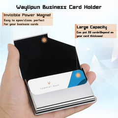 Waylipun Business Card Holder, Professional PU Leather & Stainless Steel Business Name Card Case, Keep Business Cards in Immaculate Condition, Slim Metal Pocket Card Holder with Magnetic Shut(White)