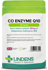 Lindens Coenzyme Q10 30mg - 120 Tablets- Popular for Statin Users   Protection from Oxidative Stress   CoQ10 Ubiquinone   Ubiquinol   Made in The UK, Letterbox Friendly