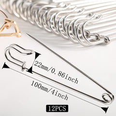 Large Safety Pins Strong for Clothes 4Inch 12 PCS Metal Kilt Pins Heavy Duty Blanket Pins Extra Large Steel Nappy Pins Safety Lock for Arts & Crafts