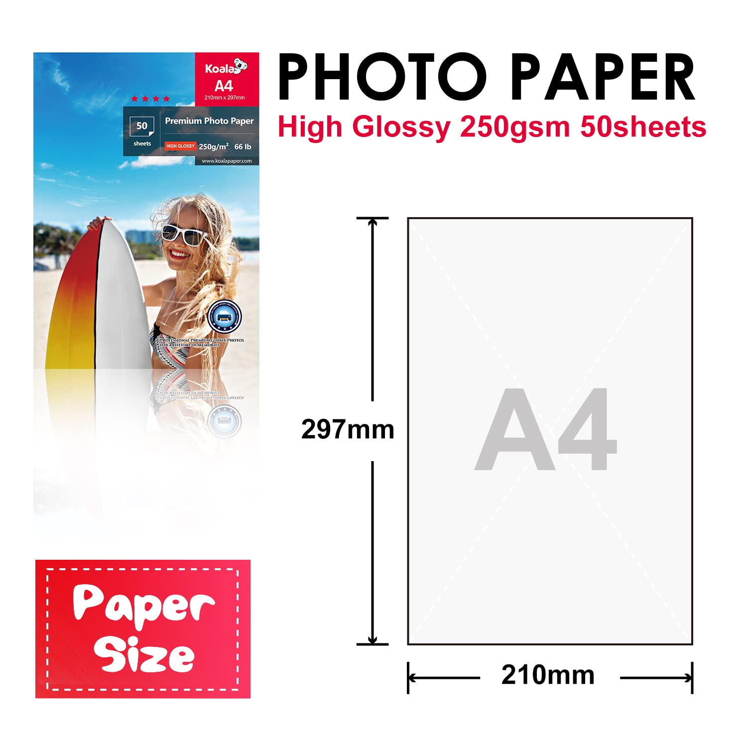 KOALA Glossy Photo Paper A4 Size 250gsm 50 Sheets with Premium High Glossy Advanced Resin Coated for Canon Hp Epson Inkjet Printer