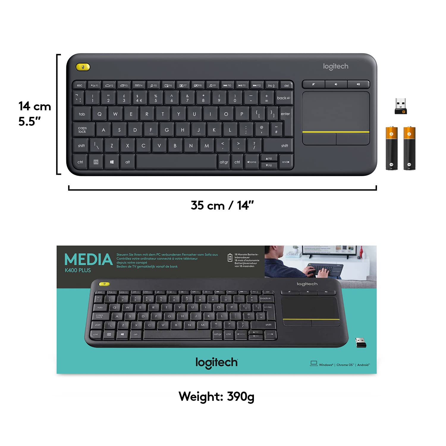 Logitech K400 Plus Wireless Touch TV Keyboard With Easy Media Control and Built-in Touchpad, HTPC Keyboard for PC-connected TV, Windows, Android, Chrome OS, Laptop, QWERTY UK English Layout - Black