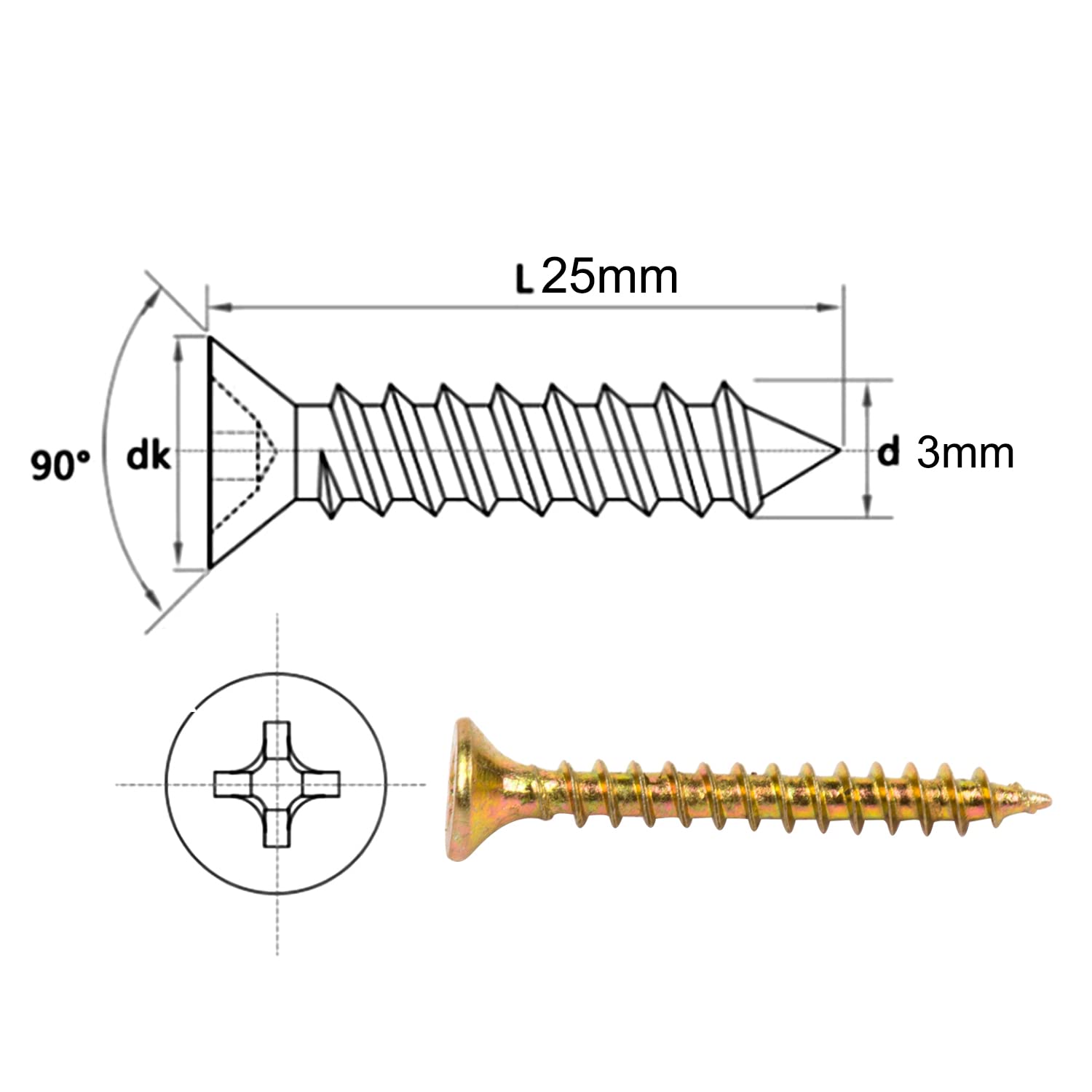 BAAB FASTENER 3X25mm Double Countersunk Wood Screws - Yellow Passivated Chipboard Screw Pozi Drive Head Screws 200Pcs