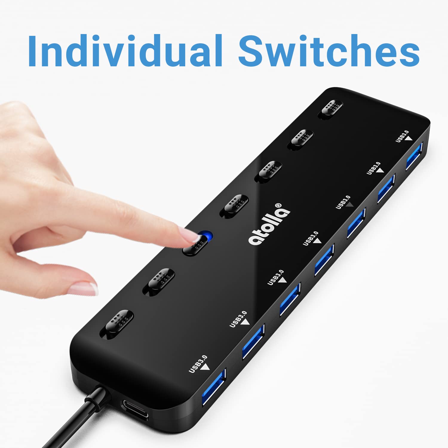 USB HUB, atolla 7-Port USB 3.0 Hub Slim USB Splitter with 3.82Ft Extended Cable and Individual LED Power Switches, Multi USB Port Extension Data Hub for PC, Laptop, MacBook, etc.