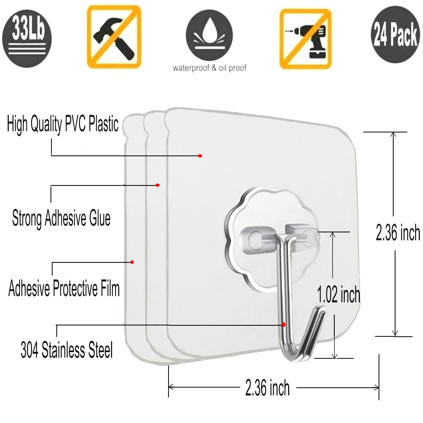 Jiaweixiang Self Adhesive Hooks 24Pack 33lb(Max) Wall Door Hooks Stick On/Sticky Hooks for Bathroom Kitchen Hanging Coat Cloth Towel Key