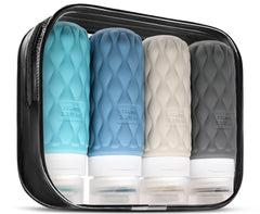 4 Pack Travel Bottles for Toiletries with Labels, 100ML Silicone Travel Bottles Set with Clear Zipper Toiletry Bag, Leakproof Refillable Squeeze Travel Size Containers for Shampoo Conditioner