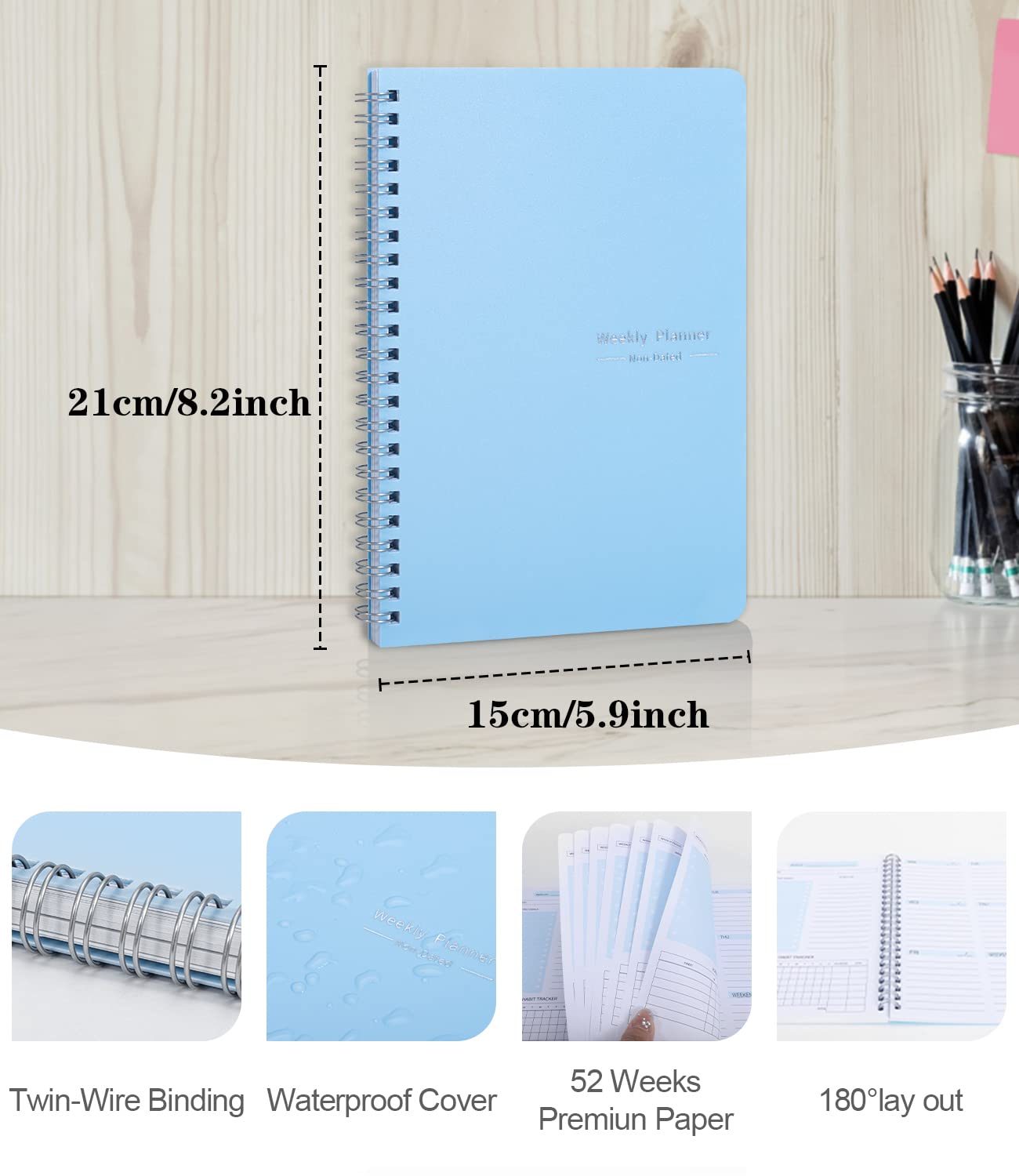 To Do List Notebook, Undated Weekly Planner A5 Diary Planner for College Work with Habit Tracker, Twin Wire Binding, Blue