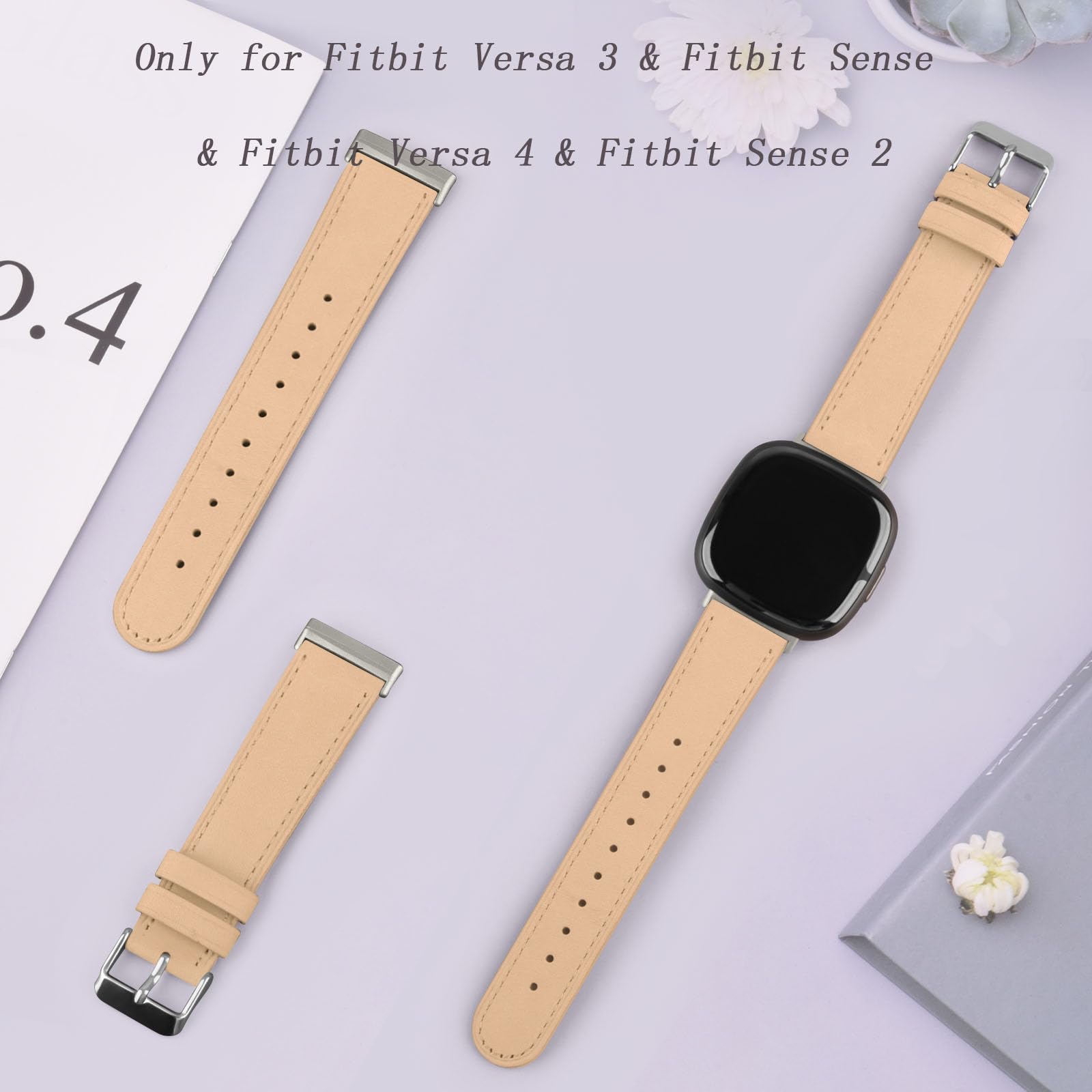 Leather Strap Compatible with Fitbit Versa 3 Straps/Fitbit Sense Strap for Women Men,Genuine Leather Replacement Compatible with Fitbit Versa 3/Fitbit Versa 4/Fitbit Sense 2 (Apricot)