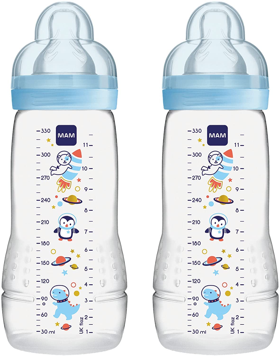 MAM Easy Active Baby Bottle with Fast Flow MAM Teats Size 3, Twin Pack of Baby Bottles, Baby Feeding, 330 ml, Blue (Designs May Vary)