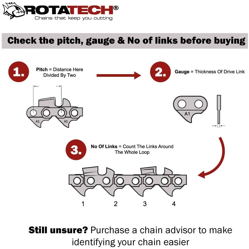 14 inches 35cm Rotatech Chainsaw Chains. 52 Drive Links, 3/8 inches LP Pitch, 050 inches Gauge. Compatible with Oregon, Ryobi, Husqvarna, McCulloch