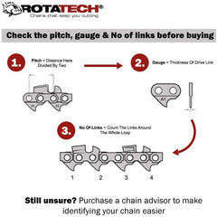 14 inches 35cm Rotatech Chainsaw Chains. 52 Drive Links, 3/8 inches LP Pitch, 050 inches Gauge. Compatible with Oregon, Ryobi, Husqvarna, McCulloch