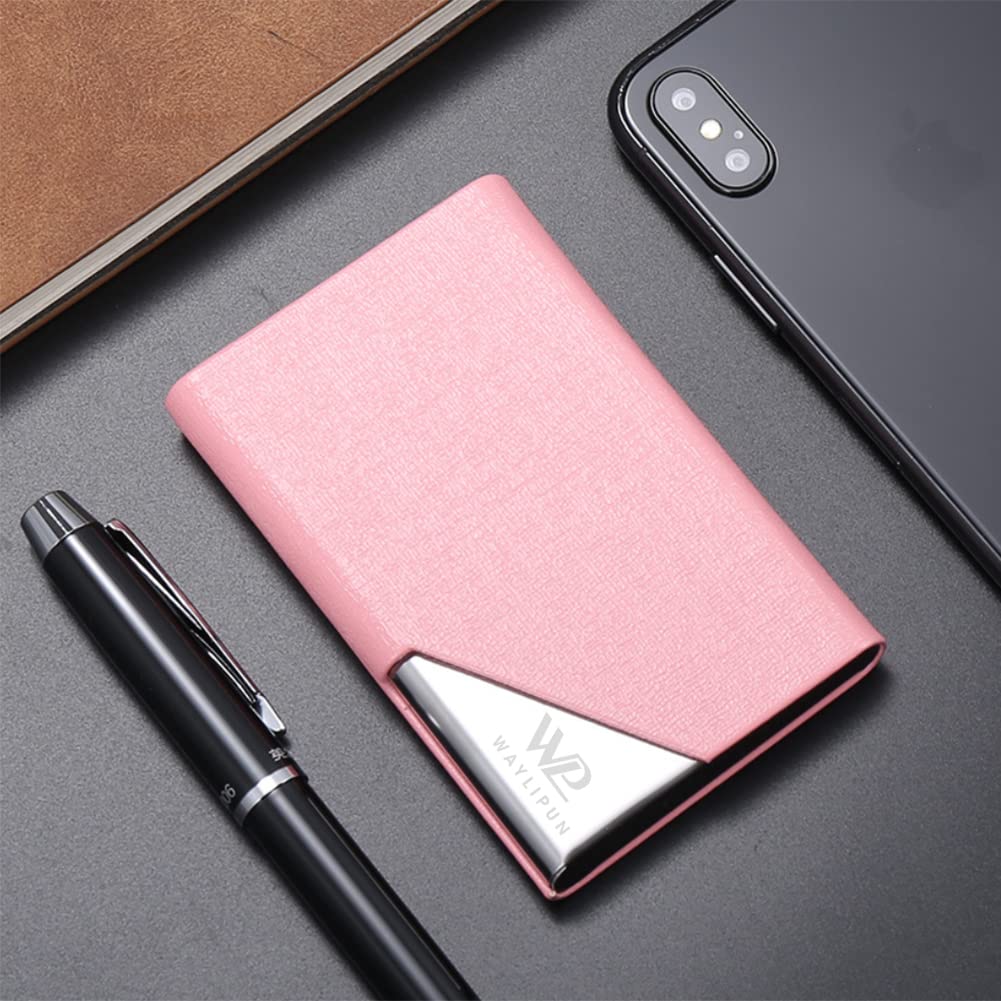 Waylipun Business Card Holder, Professional PU Leather & Stainless Steel Business Name Card Case, Keep Business Cards in Immaculate Condition, Slim Metal Pocket Card Holder with Magnetic Shut(Pink)