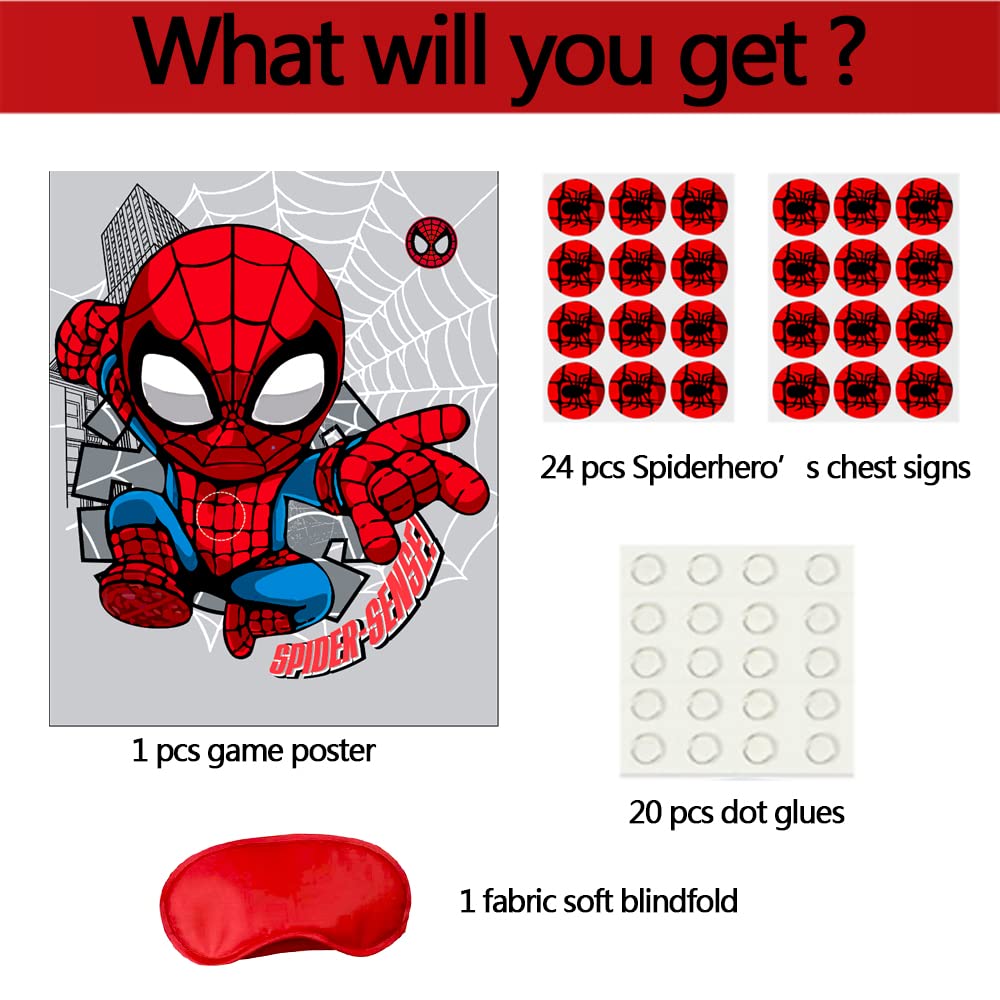 Volsha Pin the Spider on the Spiderman Game, 52×42cm Spiderman Party Game for Kids Girls with 24 PCs Spider Birthday Party Supplies for Wall Home Room Decorations (Spiderman)