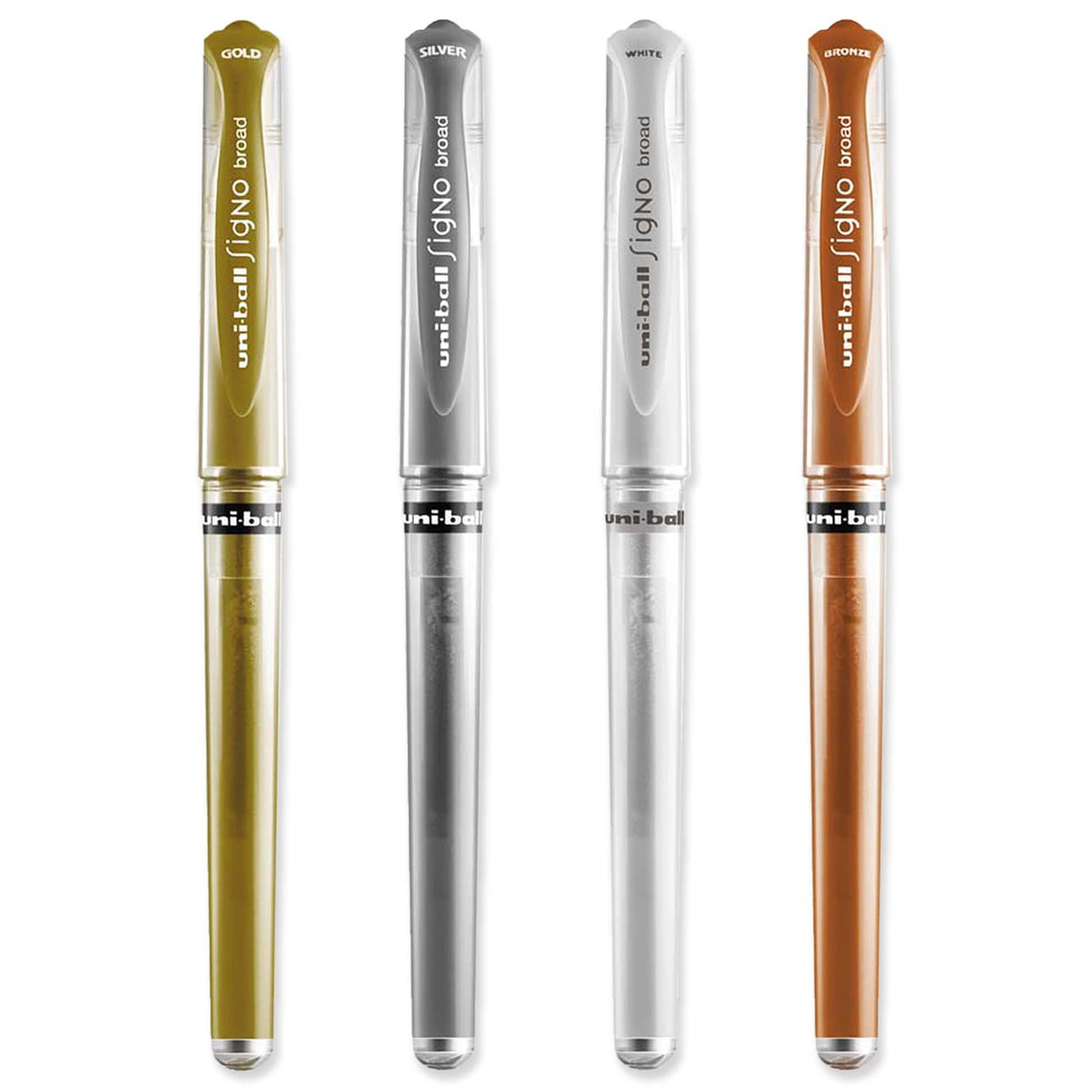 uni-ball Signo Pen Broad Metallic Gel Ink Rollerball - Metal 1mm Tip Nib 0.65mm Line Width With Rubber Grip - UM-153 - (Pack Of 4) - Gold, Silver, White & Bronze