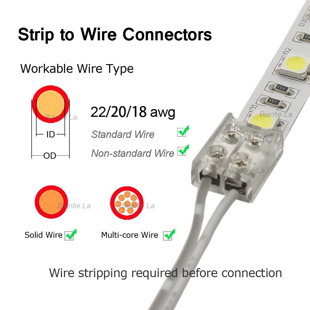 Masterwon 2-Pin LED Light Strip Connectors Solderless Unwired Screw Down Clips DIY Strip to Wire Connection for 8mm 10mm 12v 24V Single Colour LED Strip Light