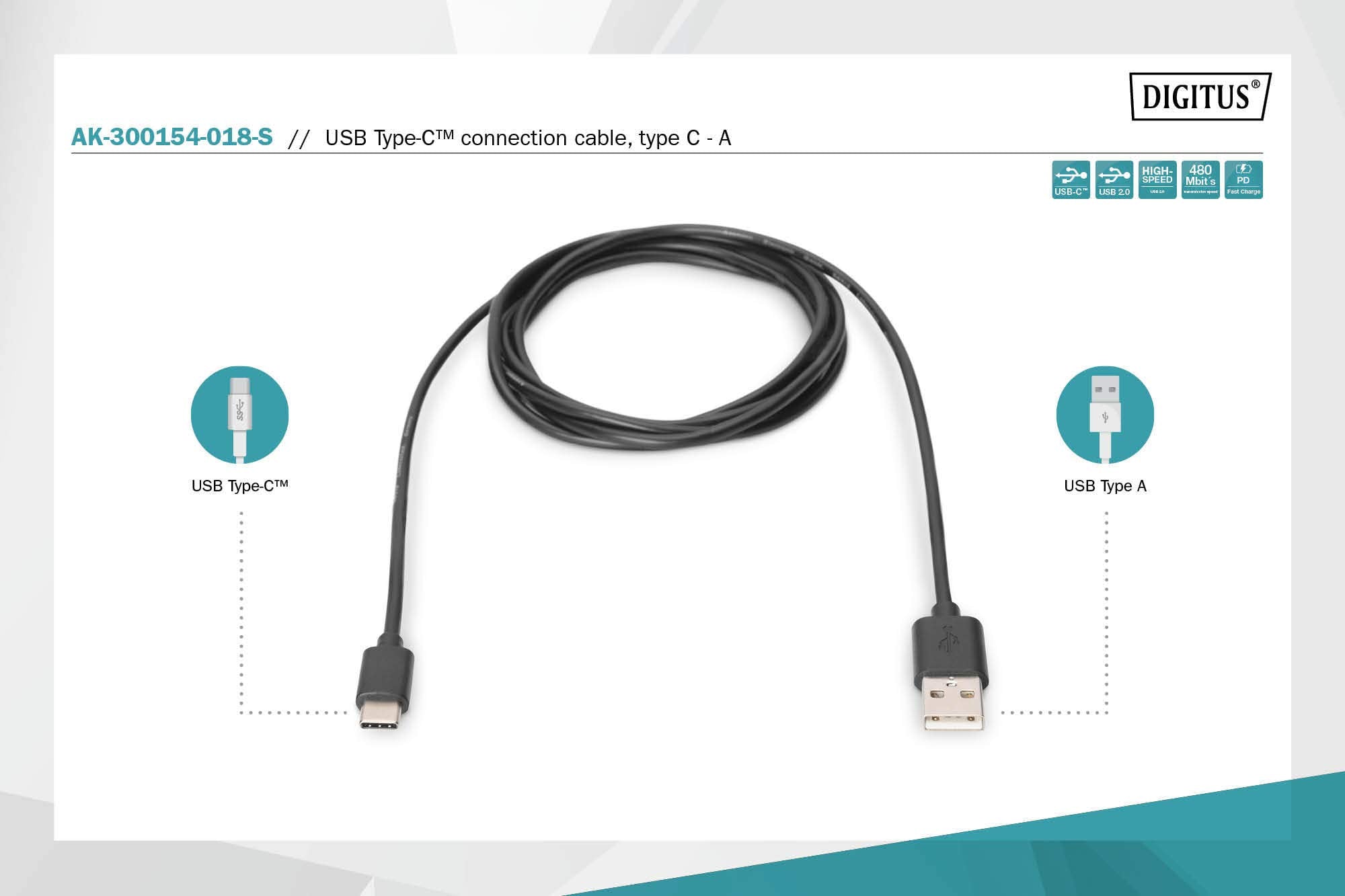 DIGITUS USB Type-C connection cable, type C to A M/M, 1.8m, 3A, 480MB, 2.0 Version, bl