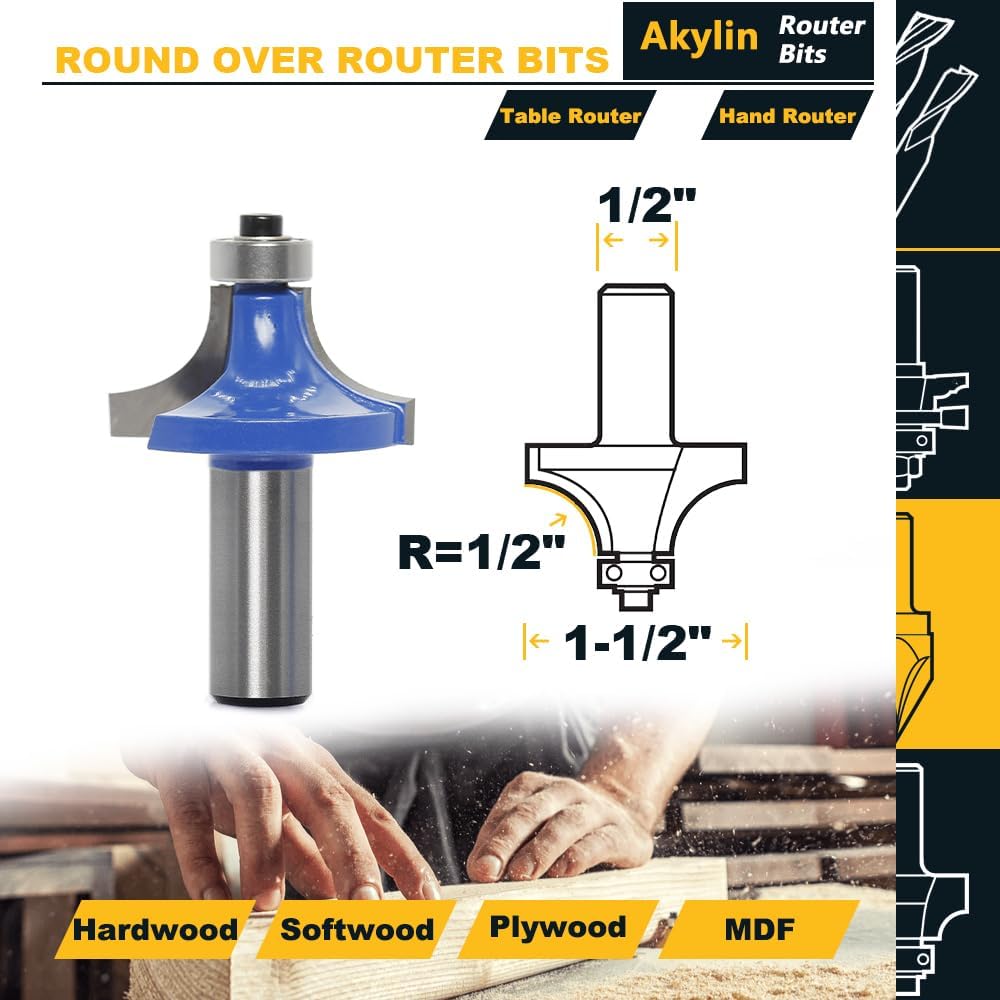 Round Over Router Bits 1/2 inches Shank,Radius 1/2 inches Roundover Beading Router Bit, Corner Rounding Edge Forming, Round Over Edging Router Bits, by Akylin