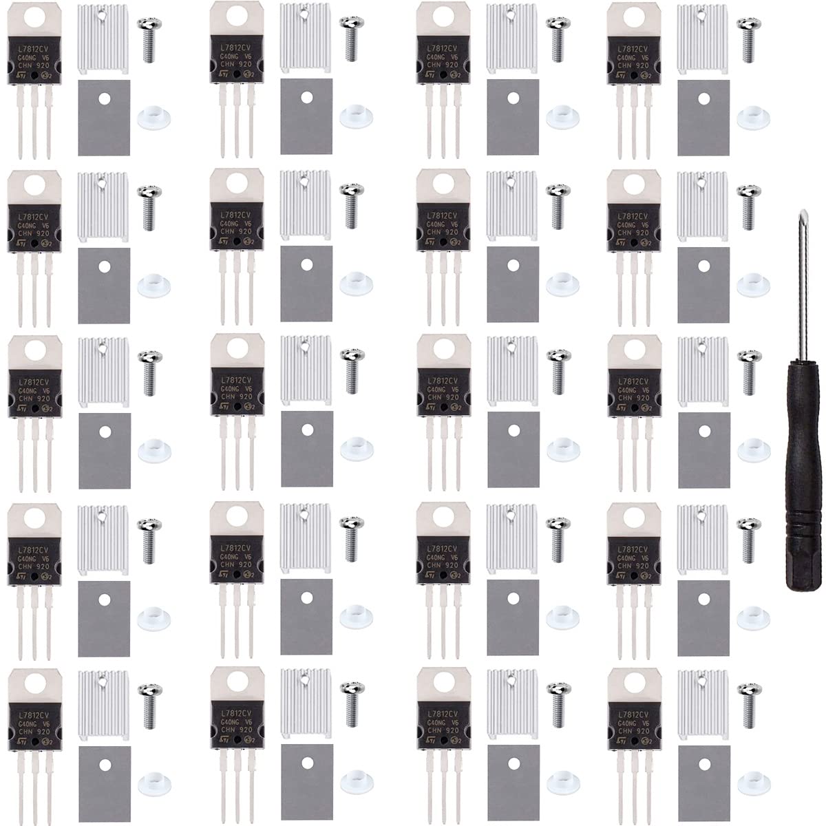 Youmile 20 pcs L7812CV L7812 Voltage Regulator Transistor Output 12V 1.5A IC Linear Positive Voltage Regulators TO-220 with Heatsink screw washer Rubber Silicone screwdriver