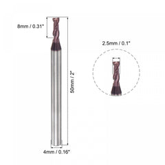 sourcing map Square Nose End Mill, 2.5mm Tip Dia Solid Carbide AlTiN Coated CNC Router Bits 2 Flute Spiral Milling Cutter HRC55 with 4mm Shank 50mm (2-inch) Length