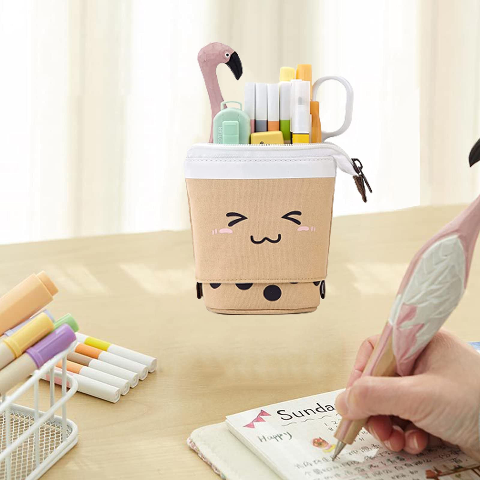 BECHOICEN Cute Stand Pencil Case Adjustable for Girls, Canvas Standing Pencil Case Small for Stationery, Cosmetic Bag for Women. (Brown, 1pcs)