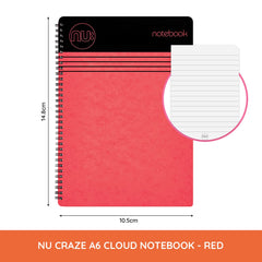 NU:,NU003358-FSC-RD Notebooks - Craze Cloud Range - A6 Red Notebook - Wirebound Notebook - Stationery Notebooks - Ruled Notepad - 110 Pages