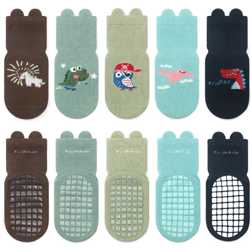 FedMois 5 Pairs Baby Kids Anti-slip Socks Cotton non skid Ankle Socks Animals, Dinosaur, 0-1 Year