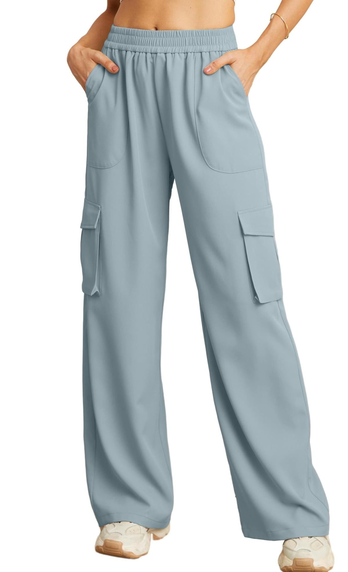 GRECERELLE Womens Cargo Trousers Joggers - Work Straight Wide Leg Lounge Cargo Pants Elastic Waist Stretch Combat Trousers with Pockets Sport Jogging Tracksuit Bottoms for Ladies (Blue Grey, S)