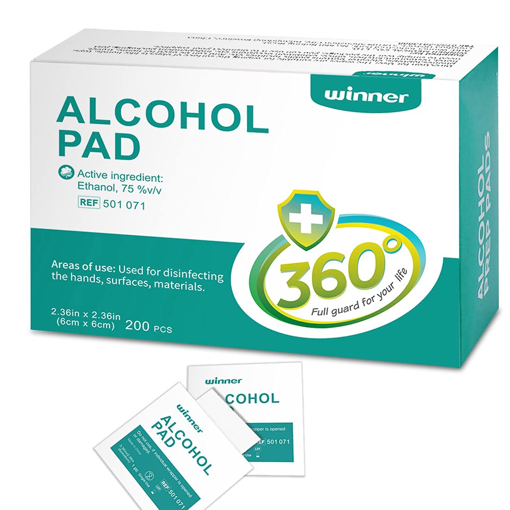 Winner Medical 200 Sheet Alcohol Wipes, Unscented, Saturated with 75% Ethanol Pre-Injection Swabs, Individually Wrapped Sterile Alcohol Swabs, 4 Layers of Sterile Alcohol Pre Pads (2.36‘’x2.36‘’)