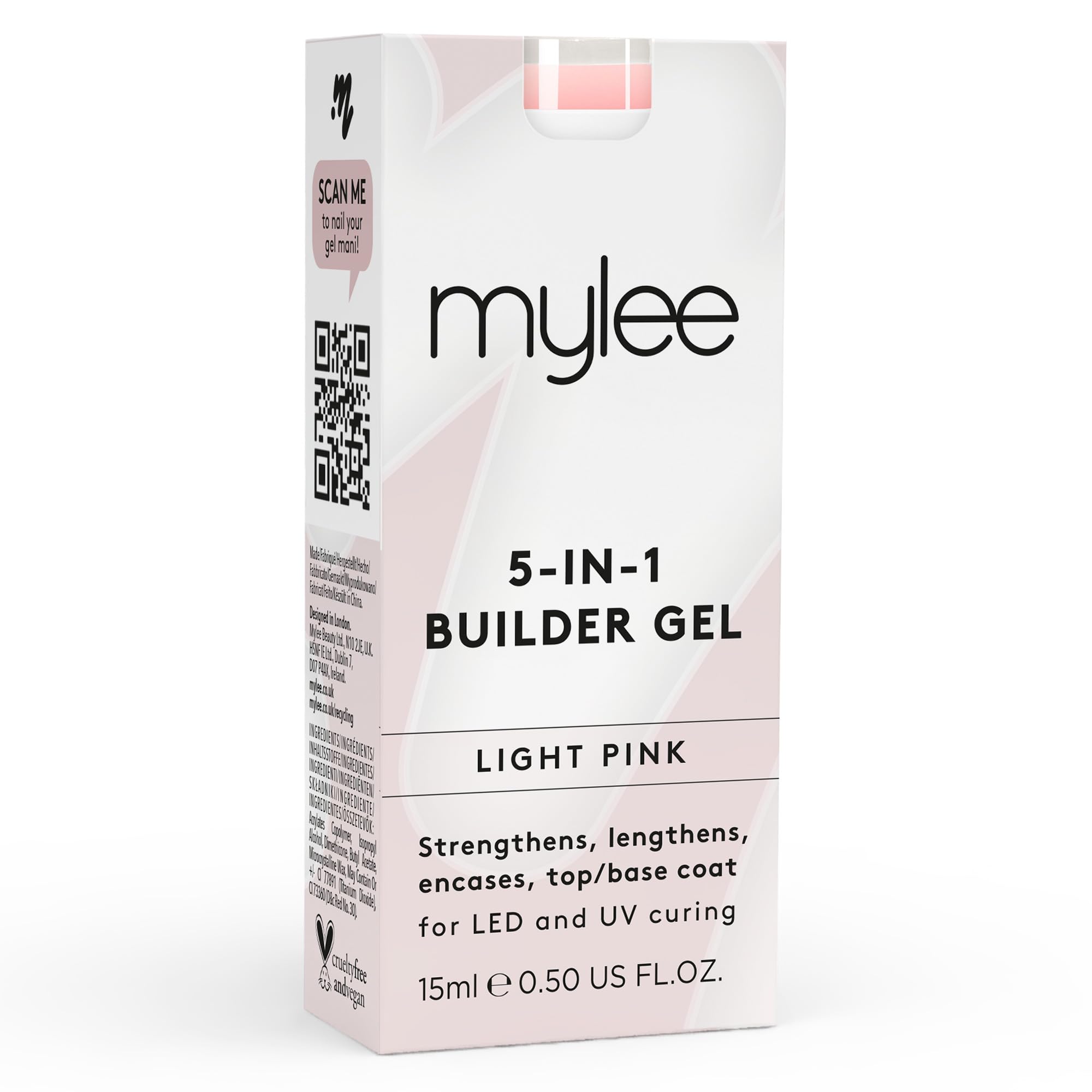 Mylee 5 in 1 Builder Base Strengthening Gel 15ml, UV/LED Nail Polish Coat for Hard Strong Nails Tips & Extensions, For Nail Art Decoration, Decals & Jewels, Professional Manicure Repair (Light Pink)