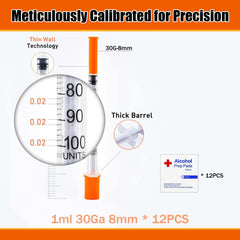 1ml Precision Dispensing Tool with Cap and Accessories Package, 0.3/30G (8mm Long) for Laboratory Use, Individually Sealed Packaging, 12 Pieces