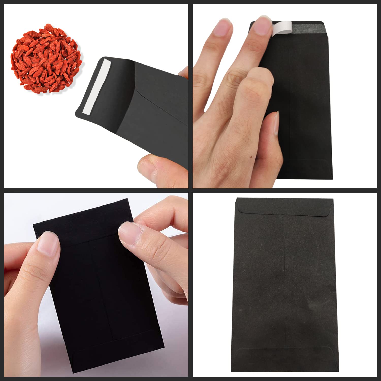 100Pcs Small Black Envelopes, Self-Adhesive Seed Envelopes Seed Packets Kraft Paper Coin Envelopes Money Envelopes for Wages, Seeds, Coins, Beads or Stamps(10x6cm/3.9x2.4inch)