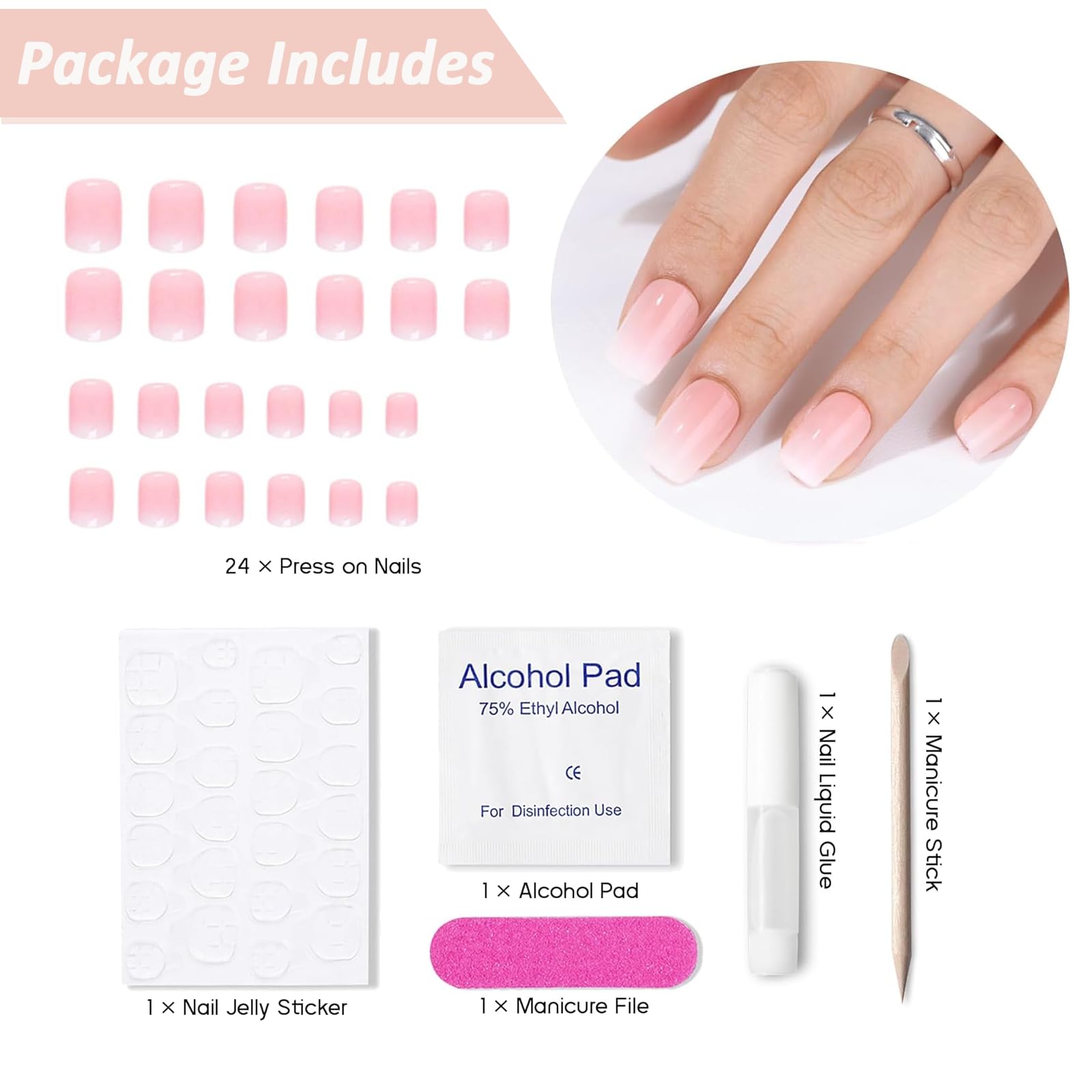 24Pcs False Nails, Square Pink Press On Nails Short with Glue Stickers, Removable Nail Tips Fake Nails,French Tip False Nails & Fashion Stick On Nails for Women and Girls