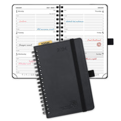 POPRUN A6 Diary 2024 Week To View Pocket Diary 16 x 10.5 cm Spiral Bound Soft Cover, 24 Small Weekly Planner with Work Appointment, 100GSM FSC® Paper - Black