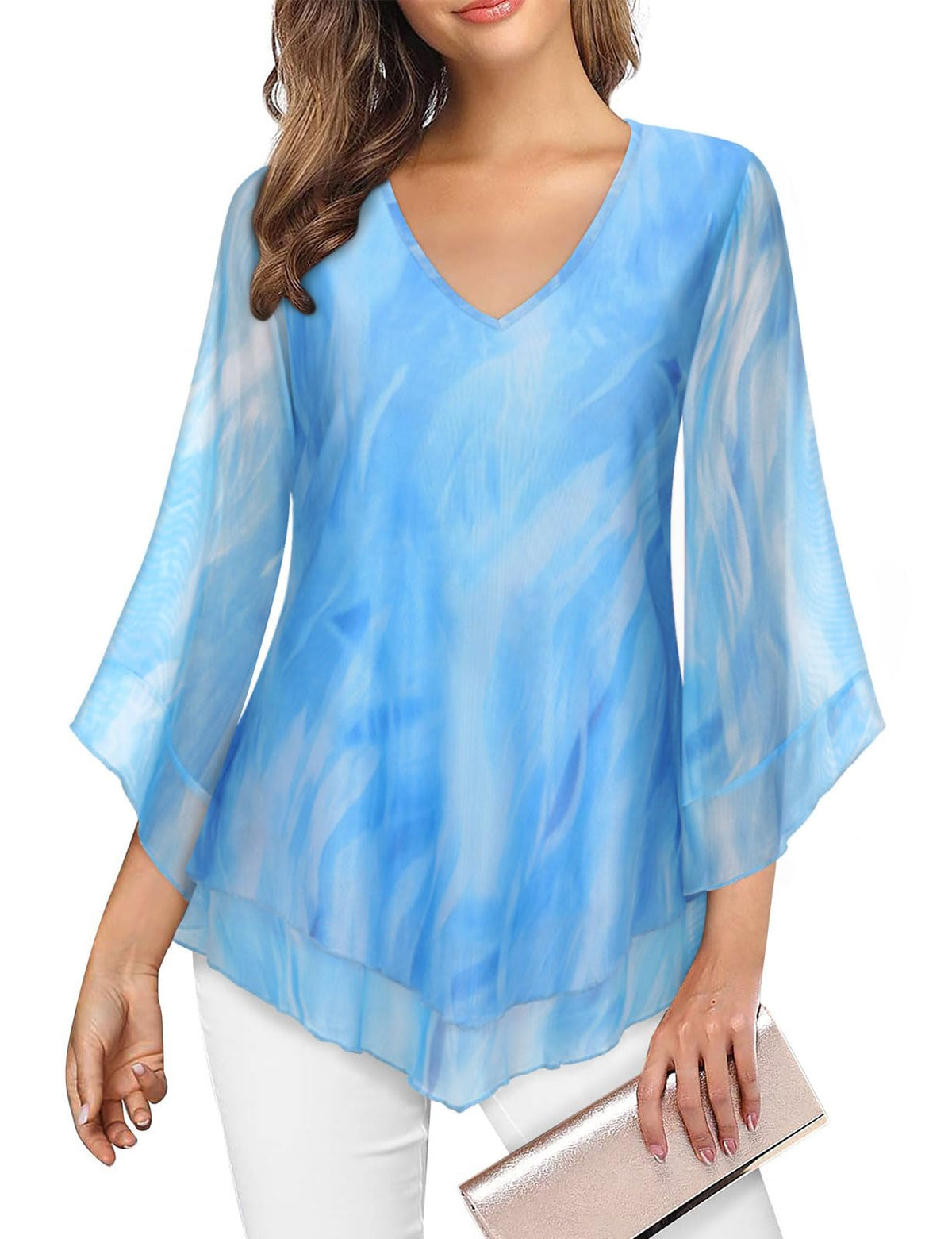 Womens Blouses Ruffle 3/4 Sleeve Tunic Tops Floral Shirts Double Layered V Neck Chiffon Blouse-Blue, L