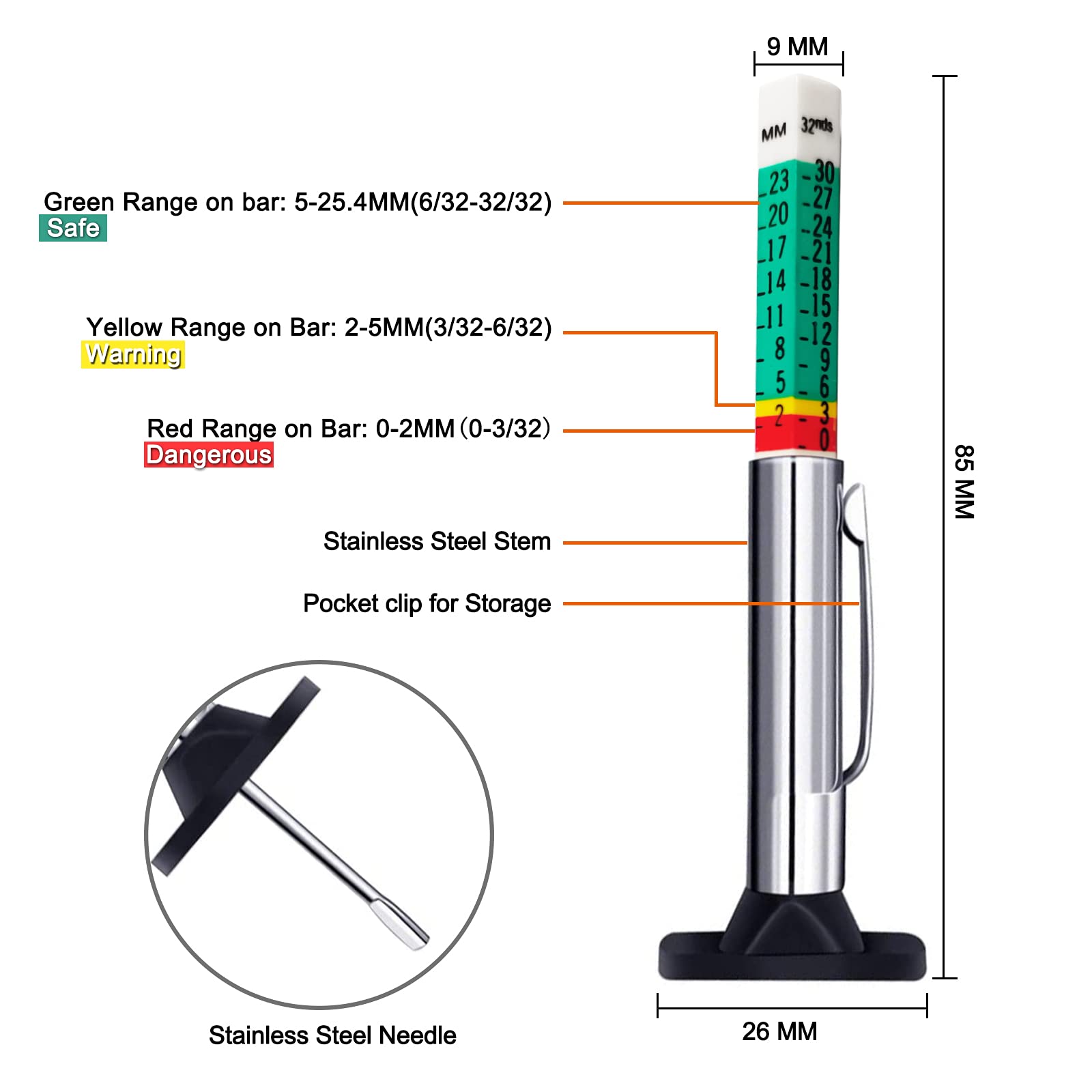 GODESON Tyre Tread Depth Gauge UK, 6-Sided Smart Color Coded Tyre Depth Gauge UK, Tyre Depth Measurement Tool in 25MM/32nds(Pack of 10)